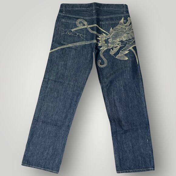 Maharishi Dragon Embroidered Jeans Hemp Cotton Denim Dark Wash Mens XL 36 x 30 - Picture 1 of 6